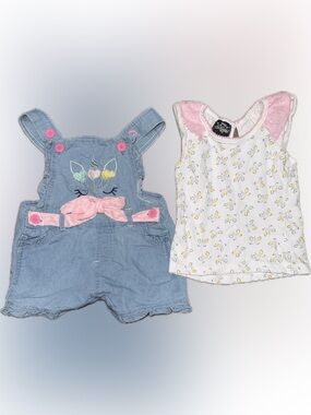 Unicorn Denim Shortalls with Floral Tank 18 Months